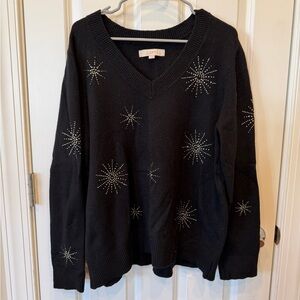 LOFT Black V-Neck Sweater with Star Accents